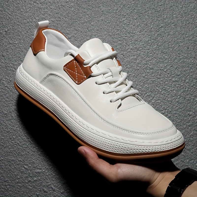 Scarpe da ginnastica casual in vera pelle da uomo, stile sportivo preppy, tinta unita, per tutte le stagioni, con lacci, punta tonda, suola in gomma, soletta sintetica, per escursioni, attività all'aperto, abbigliamento quotidiano e casual.