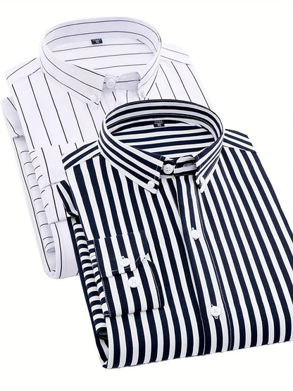 1+1pz Camicia Uomo a Righe con Maniche Lunghe - Colletto Casual, Tessuto Leggero, Ideale per Vacanze al Mare, Appuntamenti e Regali, Top Classico a Righe