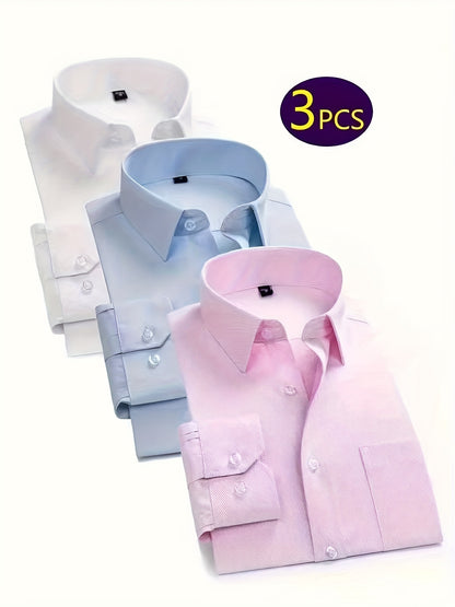 3 pezzi di camicie casual da uomo con maniche lunghe e bottoni - colore solido, misto di poliestere, vestibilità regolare con tasche, perfette per la primavera e l'autunno, versatile per abbigliamento casual o formale, abbigliamento versatile | Maniche lu