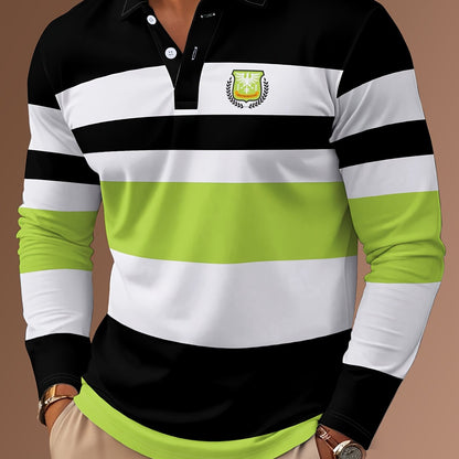 Maglietta polo casual da uomo a maniche lunghe con stampa digitale 3D - Design a righe nere e bianche, colletto con bottoni, vestibilità regolare per abbigliamento casual, abbigliamento confortevole | Stile polo classico | Abbigliamento casual resistente,