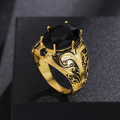 1pz Anello Vintage Stile Maschile, Inserimento in Zirconia Sintetica Ovala Nera, Lavorato in Rame, Finitura Dorata Retro, Elegante Anello Singolo Gioiello Regalo