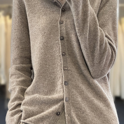 Maglione con cappuccio casual da donna in 100% lana, cardigan lavorato a maglia in lana merino tinta unita, manica lunga, vestibilità regolare, design aperto sul davanti, scelta elegante e calda per l'autunno/inverno, ultra morbido