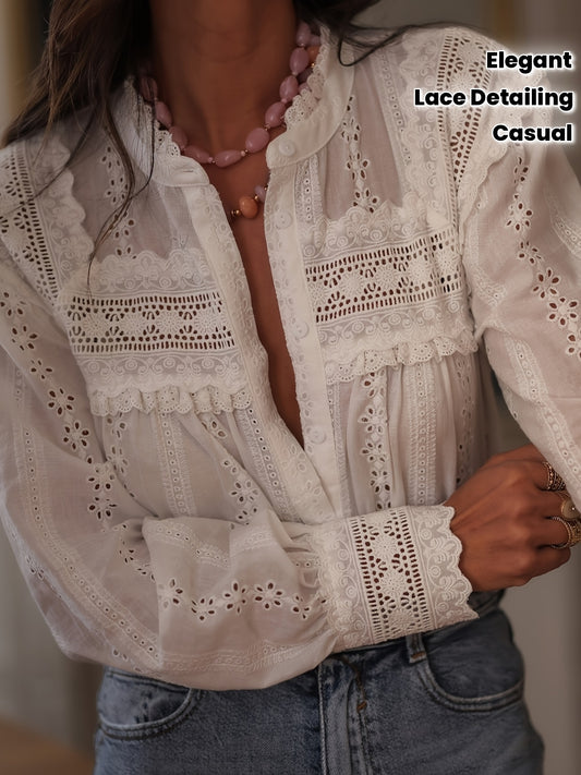 Women'S French-Inspired Elegant Long Sleeve Blouse with Lace Detailing - Round Neck, Button-Up Shirt in White, Perfect for Spring/Summer/Fall, Casual to Formal Wear, Casual Attire | Frenchinspired Blouse | Lace Detailing, Ladies Blouses