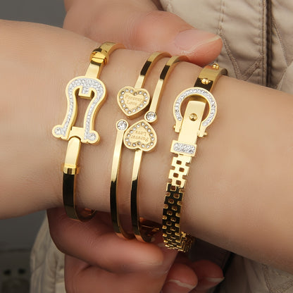 3 pezzi, bracciale da donna in acciaio inossidabile, pendente romano a doppia amore intarsiato con zirconi scintillanti, alla moda e versatile, molto adatto per l'uso quotidiano e come regalo