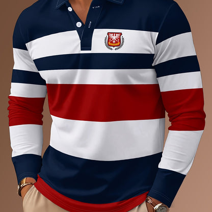 Maglietta polo casual da uomo a maniche lunghe con stampa digitale 3D - Design a righe nere e bianche, colletto con bottoni, vestibilità regolare per abbigliamento casual, abbigliamento confortevole | Stile polo classico | Abbigliamento casual resistente,