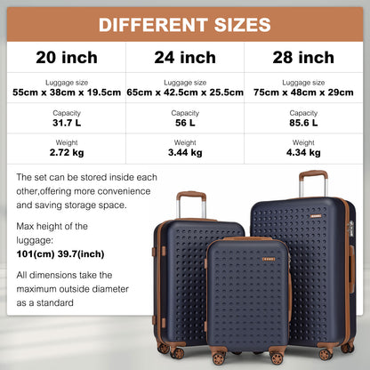 Set di 4 Valigie da 14/20/24/28 pollici Kono Elegante in ABS+PC a Pois con Guscio Rigido e Serratura TSA, Set di 4 Pezzi con Valigetta da Toilette, Bagagli da Viaggio Durevoli con Serratura TSA e Ruote Silenziose