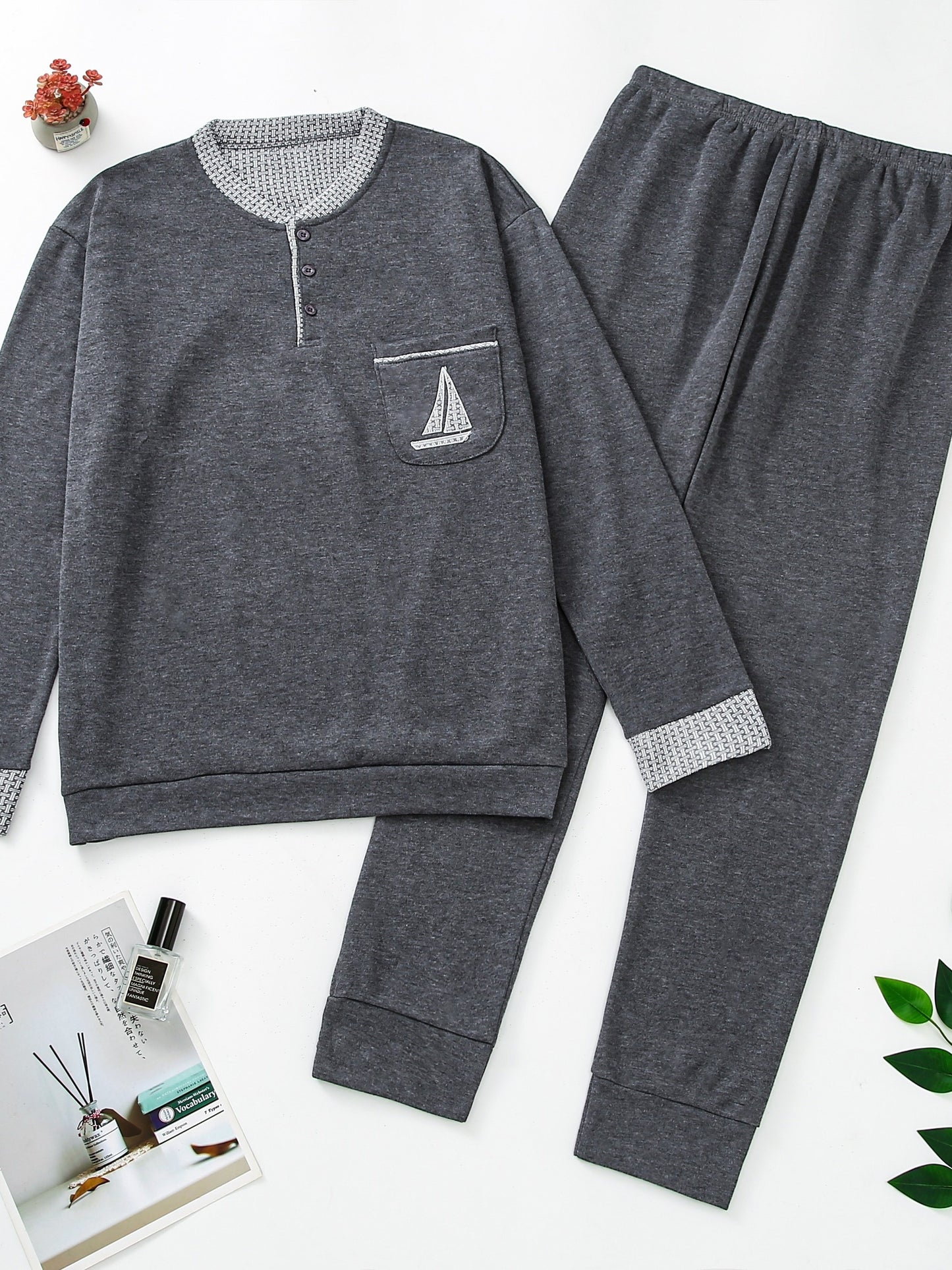 Pigiama invernale da uomo in pile, pigiama casual in poliestere lavorato a maglia, manica lunga, scollo Henley, motivo geometrico, vestibilità comoda, abbigliamento da notte per uso domestico