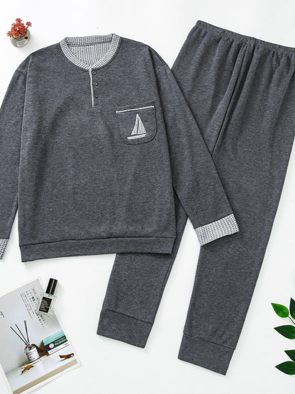 Pigiama invernale da uomo in pile, pigiama casual in poliestere lavorato a maglia, manica lunga, scollo Henley, motivo geometrico, vestibilità comoda, abbigliamento da notte per uso domestico
