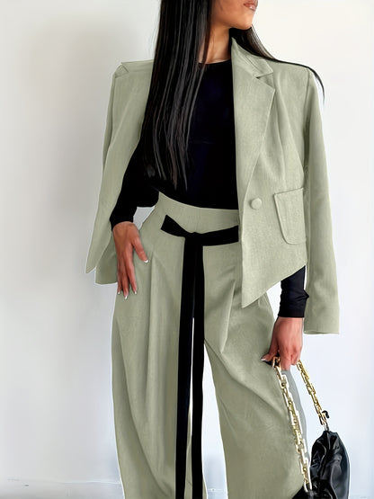 BK052044 Elegant Suit Jacket and Waist-Tie Loose Straight-Leg Wide-Leg Pants Women's Two-Piece Suit