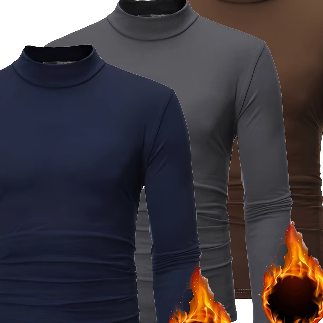 3pcs Camicie a maniche lunghe con collo alto in pile termica per uomo - Slim Fit Stand Collar Base Layer, Top casual invernali a tinta unita per strati, Bianco/Nero/Azzurro marino, Essenziali per il tempo freddo, Collo alto elegante, Camicia comoda