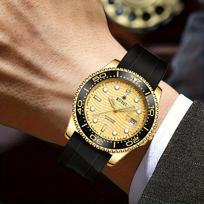 Orologio Meccanico da Uomo RUIQI con Quadrante Luminoso che Brilla al Buio, Faccia Girevole & Display Analogico, Movimento Automatico, Cassa in Tono Oro e Cinturino Nero, Multi-Quadranti per Sport ed Abbigliamento Casual, Elegante orologio analogico di lu