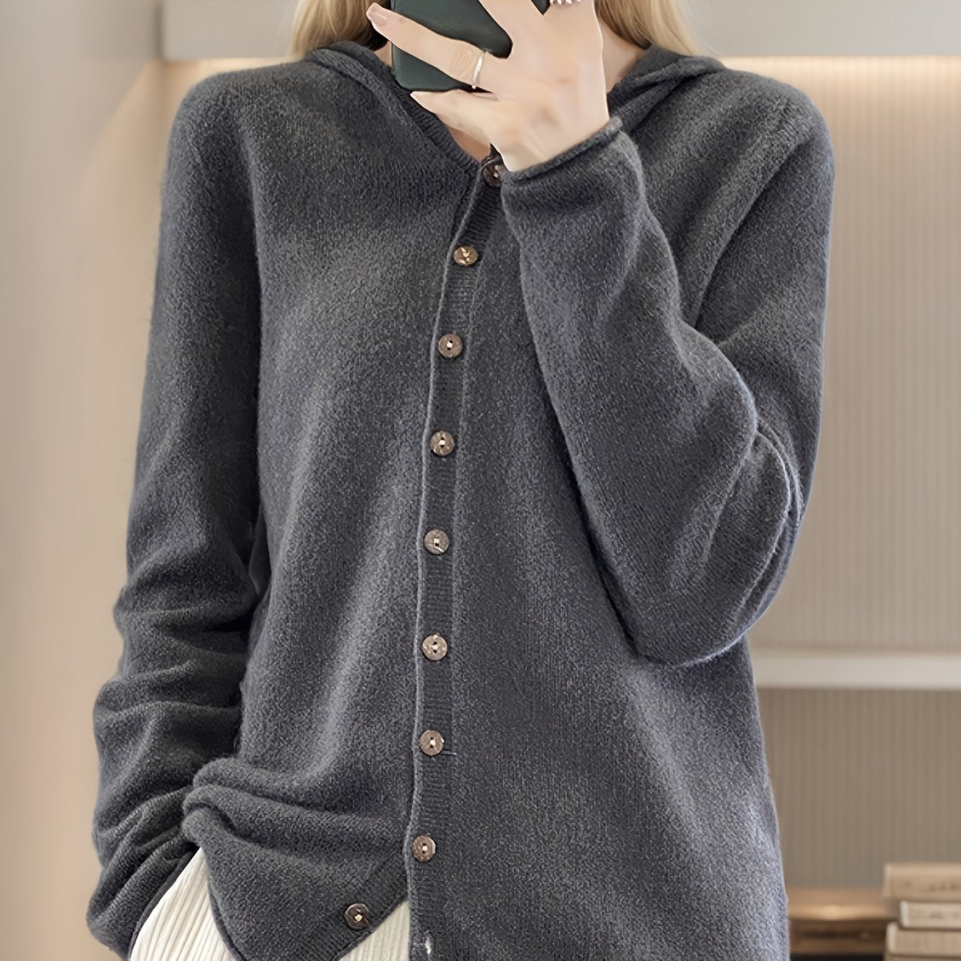 Maglione con cappuccio casual da donna in 100% lana, cardigan lavorato a maglia in lana merino tinta unita, manica lunga, vestibilità regolare, design aperto sul davanti, scelta elegante e calda per l'autunno/inverno, ultra morbido