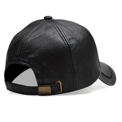 1 Cappello da baseball nero in pelle sintetica con visiera regolabile - Leggero, resistente e traspirante per attività all'aperto, viaggi, feste in spiaggia e abbigliamento casual, cappello da moda primaverile | Cappello da baseball regolabile | Equipaggi