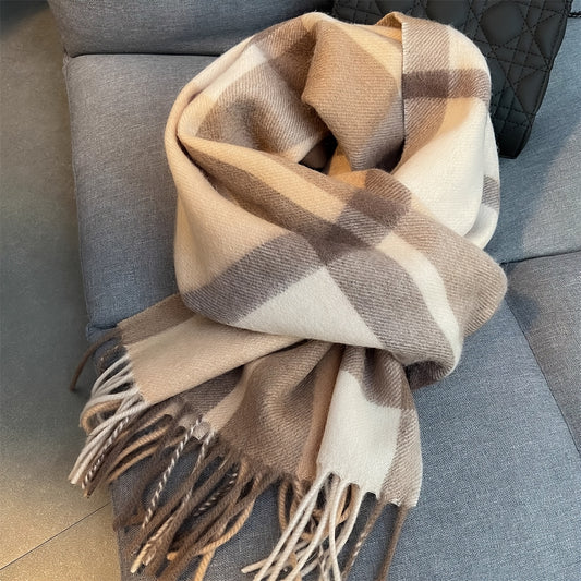 1pz Sciarpa Scialle in Lana 100% a Quadri per Donne e Uomini - Modello Tartan Beige/Marrone/Tan, Morbido e Caldo per l'Inverno, Collo a Quadri Beige e Marrone, Sciarpa Unisex Casual ed Elegante per Esterno, Ufficio, Regalo di Compleanno (Lavabile a Mano)