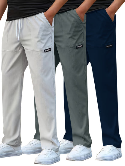 Set di 3 Pantaloni Casual da Uomo Leggeri - Gamba Dritta, Vita con Coulisse, Colore Unito (Nero, Grigio, Bianco), Abbigliamento da Lavoro Primavera/Estate, Lavabili in Lavatrice