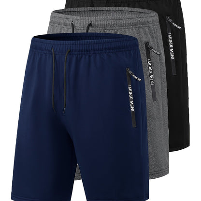 Set di 3 pantaloncini sportivi casual estivi da uomo con elastico in vita e coulisse, con tasche con cerniera, ideali per allenamenti, corsa, palestra e sport all'aria aperta.