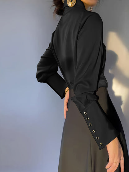 Maglia Casual Donna a Maniche Lunghe con Collo a Revers Tinta Unita