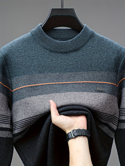 Maglione a maniche lunghe da uomo in maglia - Morbido pullover elasticizzato con strisce marroni/orizzontali, maglione invernale a girocollo per outfit di tutti i giorni e formali, regalo ideale per la festa del papà, marito, fidanzato - Abbigliamento aut