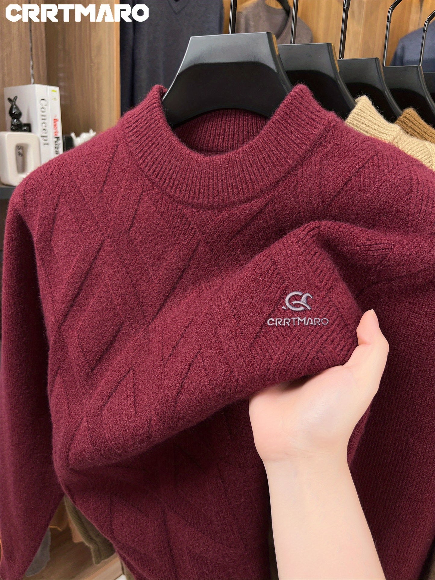 Maglione termico da uomo CARTMARO - Maglione invernale pesante con scollo rotondo, strato base spesso per il freddo per abiti formali e quotidiani - Marrone/rosso scuro - Maglione facile da curare per ufficio, feste, abbigliamento casual - Abbigliamento a