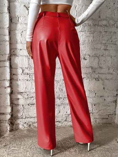 Pantaloni a gamba dritta in pelle sintetica da donna con cucitura a cerniera, pantaloni lunghi casual con cuciture decorative sul davanti e sul lato, perfetti per l'autunno/inverno