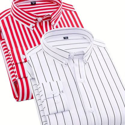 1+1pz Camicia Uomo a Righe con Maniche Lunghe - Colletto Casual, Tessuto Leggero, Ideale per Vacanze al Mare, Appuntamenti e Regali, Top Classico a Righe