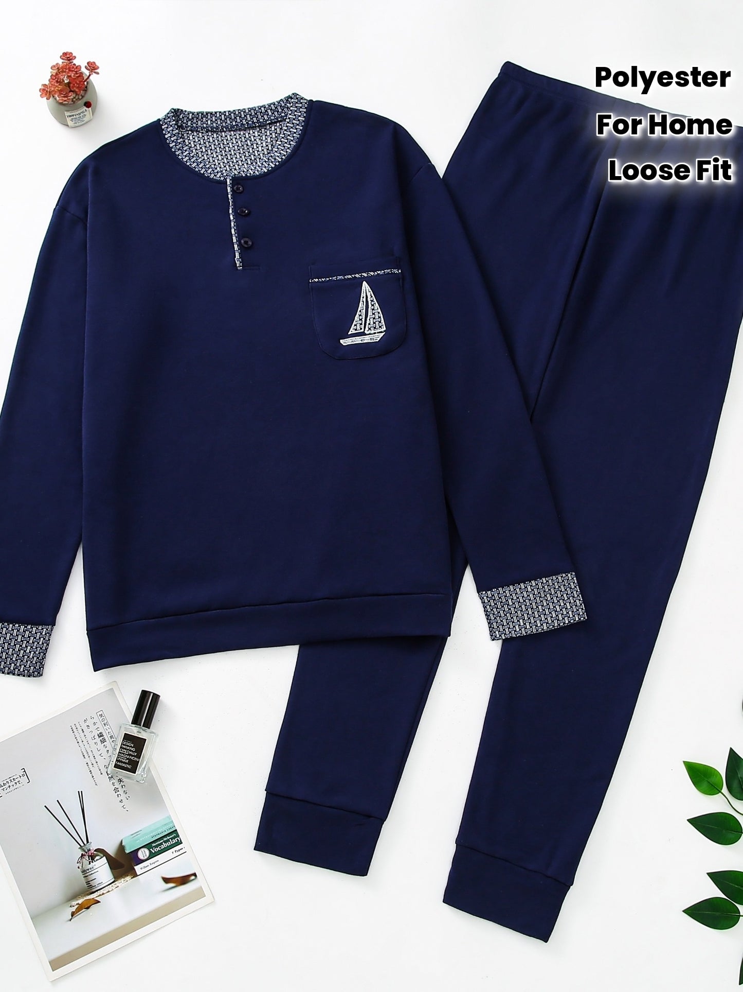 Pigiama invernale da uomo in pile, pigiama casual in poliestere lavorato a maglia, manica lunga, scollo Henley, motivo geometrico, vestibilità comoda, abbigliamento da notte per uso domestico