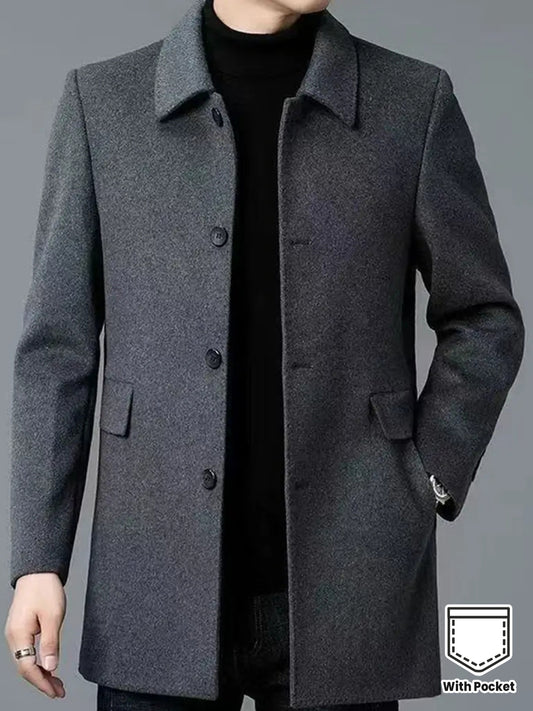 2025 Nuovo trench casual classico a tinta unita per uomo con doppie tasche, design semplice, stile papà elegante, resistente alle rughe, chiusura a singolo petto, leggero e di lusso, cappotto antivento per la primavera/autunno