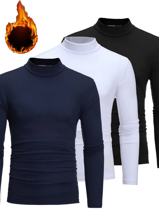 3pcs Camicie a maniche lunghe con collo alto in pile termica per uomo - Slim Fit Stand Collar Base Layer, Top casual invernali a tinta unita per strati, Bianco/Nero/Azzurro marino, Essenziali per il tempo freddo, Collo alto elegante, Camicia comoda