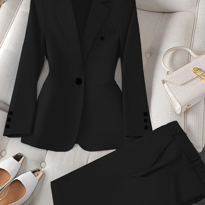 Women'S Casual Two-Piece Set, Stylish Business Solid Color Long Sleeve Suit Jacket and Pants Set, Polyester, Lapel Collar, Regular Fit, All Season, with Optional Handbag and Earrings, for Fashionable Workwear, Business Attire|Sleek Formal Attire|Polyester