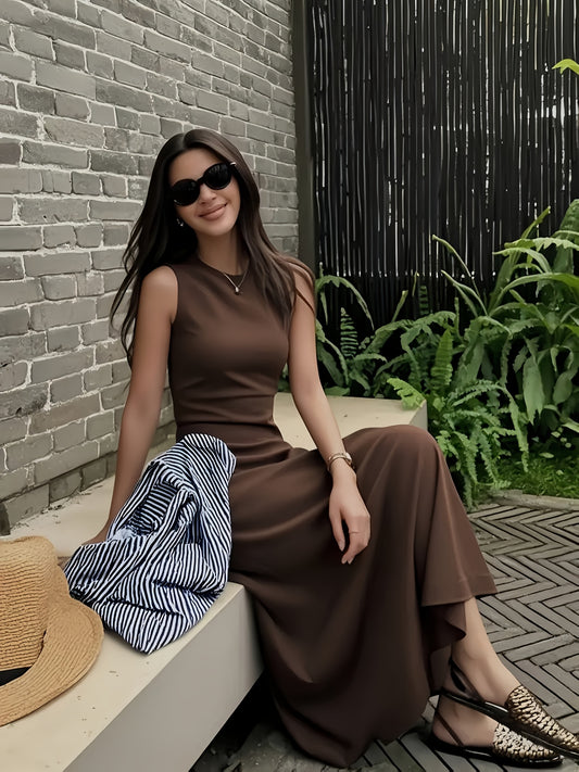 Women's Elegant Sleeveless Maxi dress - Formal to Casual Outfits, Machine Washable Deep Brown Dress for Vacation, Office, Parties - Flattering Fit Everyday & Special Occasions