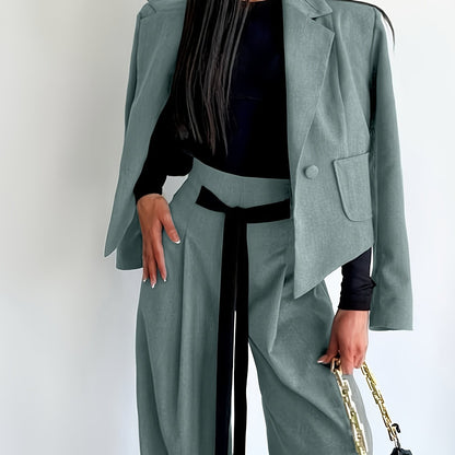 BK052044 Elegant Suit Jacket and Waist-Tie Loose Straight-Leg Wide-Leg Pants Women's Two-Piece Suit
