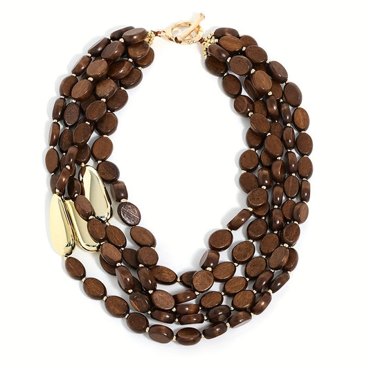 1pz Collana Bohemien Vintage Fatta a Mano con Perline Multistrato - Perle Marroni e Accenti Dorati, Gioiello Stratificato per Donne, Accessorio Quotidiano e da Festa, Regalo Chic Culturale, Stile Etnico, Testura Naturale, Perle in Legno Riciclato