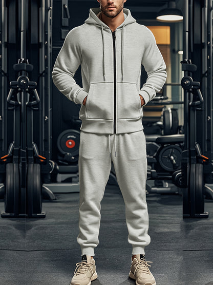 Set di 2 pezzi da uomo con felpa con cappuccio a tinta unita a maniche lunghe + pantaloni, set casual sportivo da fitness coordinato