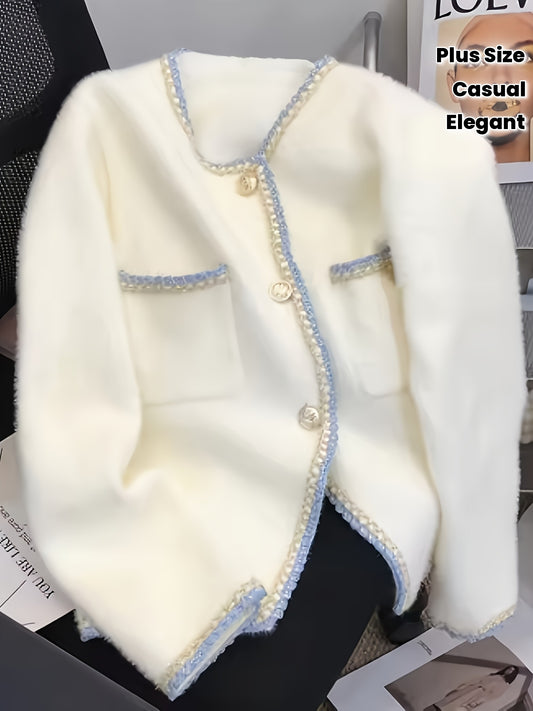 Taglia Plus - Cardigan elegante ispirato alla Francia con velluto di visone finto, maniche lunghe e bottoni sul davanti - Colletto casual ma chic, tessuto a media elasticità, perfetto per l'autunno/inverno, Cardigan taglia Plus