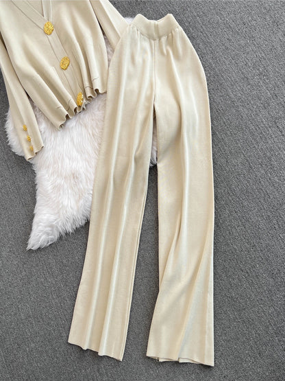 Set di cardigan e pantaloni in maglia elegante a due pezzi, cardigan con bottoni a maniche lunghe e scollo a V, pantaloni a gamba dritta, abbigliamento da donna