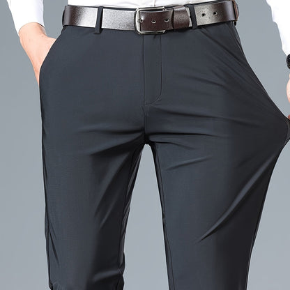 2025 Nuovi Pantaloni da Uomo in Tessuto Fibra Slicky Ice ad Alta Elasticità - tocco liscio, traspirante e elasticizzato, vestibilità regolare a vita media con dettagli di bottoni per ufficio e casual, comfort per tutte le stagioni, abbigliamento da uffici