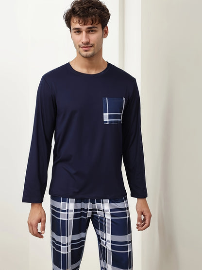 Set Pigiama Casual da Uomo - T-Shirt a Maniche Lunghe con Collo Rotondo & Pantaloni a Quadri, Misto Poliestere Morbido, Perfetto per la Primavera/Autunno
