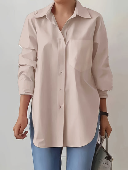 Women'S Elegant Solid Color Button-Up Shirt with Long Sleeves - Red, Casual Style, Perfect for Spring/Summer, Casual Attire|Elegant Buttonup|Long Sleeve Shirt