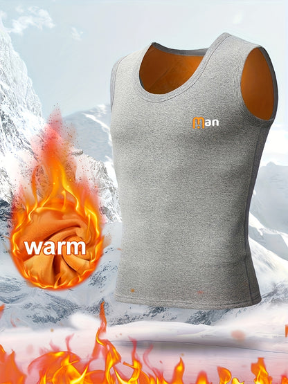 1pz Top da uomo termico foderato in fleece, stampa "MAN", gilet caldo autunno/inverno, impermeabile, poliestere 95% elastano 5%, tessuto a maglia, medio stretch, strato base atletico, spesso