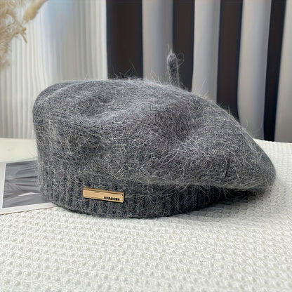 1pz Berretto da donna in stile vintage britannico, in acrilico felpato con distintivo in metallo, design elastico a nuvola per il calore, adatto per il tempo libero all'aperto, viaggi, ciclismo, sci, regalo di Natale ideale.