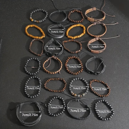 24 pezzi Set di Accessori di Moda da Uomo, Braccialetti in Pelle Sintetica e Perline di Legno in Stile Street, Design Versatili a Strati per Abbigliamento Casual, con Confezione Multipla per Regali (Scatola Non Inclusa)