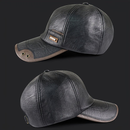 1pz Cappello da baseball casual in similpelle da uomo, cappello invernale alla moda regolabile con fodera in pile per persone di mezza età e anziani