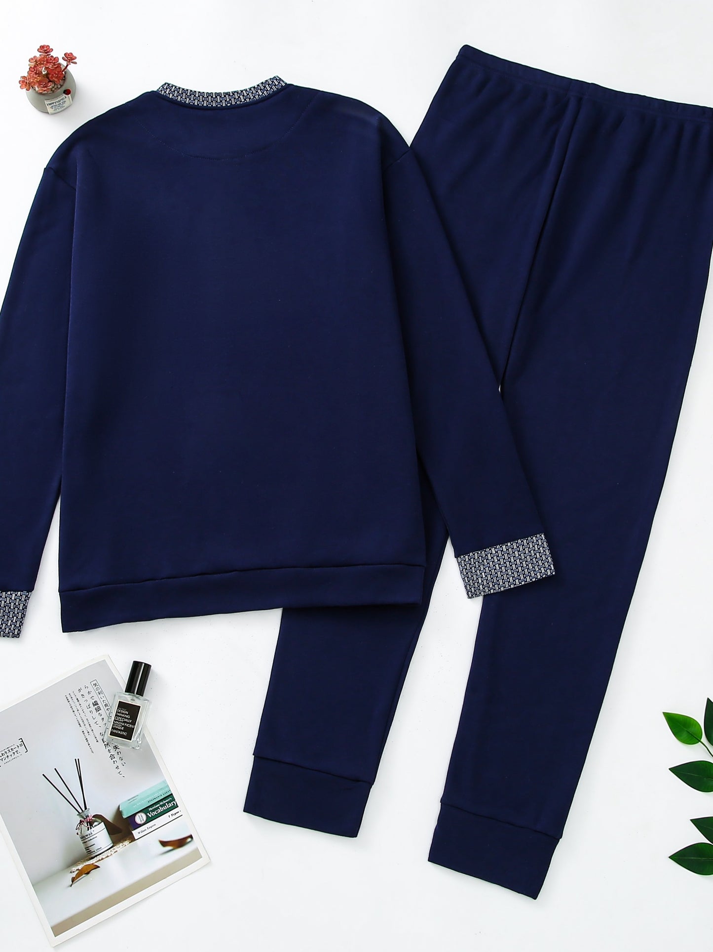 Pigiama invernale da uomo in pile, pigiama casual in poliestere lavorato a maglia, manica lunga, scollo Henley, motivo geometrico, vestibilità comoda, abbigliamento da notte per uso domestico