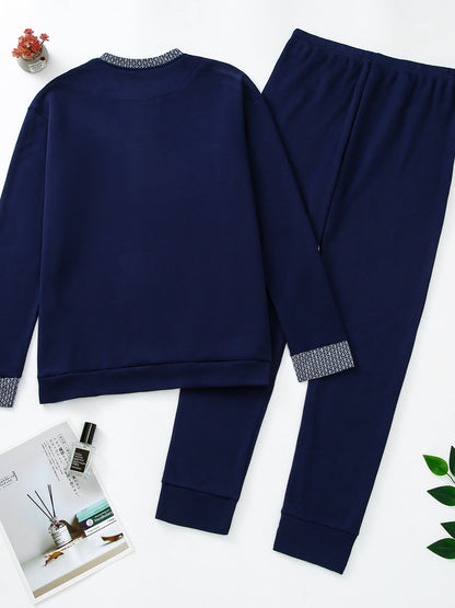 Pigiama invernale da uomo in pile, pigiama casual in poliestere lavorato a maglia, manica lunga, scollo Henley, motivo geometrico, vestibilità comoda, abbigliamento da notte per uso domestico