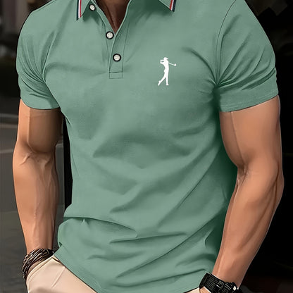 Maglietta da Uomo a Maniche Corte Bianca con Stampa Rosso per Golf, Colletto e Polsini a Righe, Tessuto Traspirante per Estate e Abbigliamento Casual, Lavabile in Lavatrice, Vestibilità Regolare