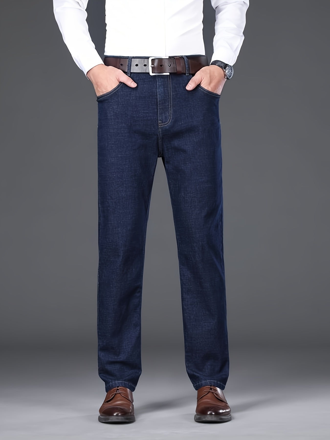Pantaloni da lavoro pesanti da uomo - Denim finto non elasticizzato per tutte le stagioni con design classico a cinque tasche, aspetto lavato blu scuro per l'uso quotidiano e formale - Pantaloni casual resistenti per uomo, abbigliamento versatile, taglio