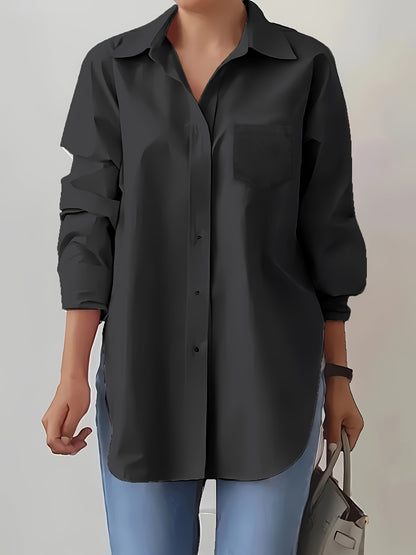Women'S Elegant Solid Color Button-Up Shirt with Long Sleeves - Red, Casual Style, Perfect for Spring/Summer, Casual Attire|Elegant Buttonup|Long Sleeve Shirt