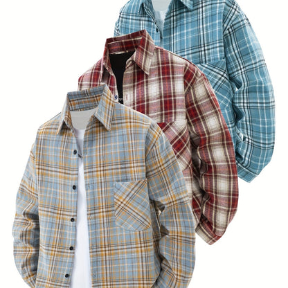 Set di 3 camicie a quadri da uomo - Camicie casual a vestibilità ampia con bottoni, colletto, maniche lunghe e tasche sul petto per abbigliamento primaverile/autunnale da esterno, capispalla versatili e alla moda, abbigliamento primaverile autunnale | Des