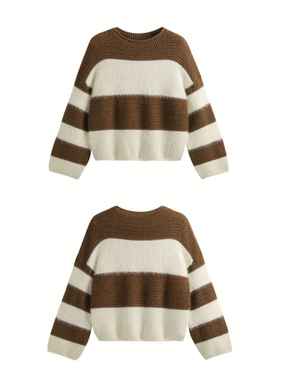 Set di maglione a righe e gonna nera per donna - Abbigliamento accogliente per autunno/inverno, dettaglio con cerniera, look casual chic, abbigliamento casual chic|Modello a righe|Chiusura con cerniera, set di maglione