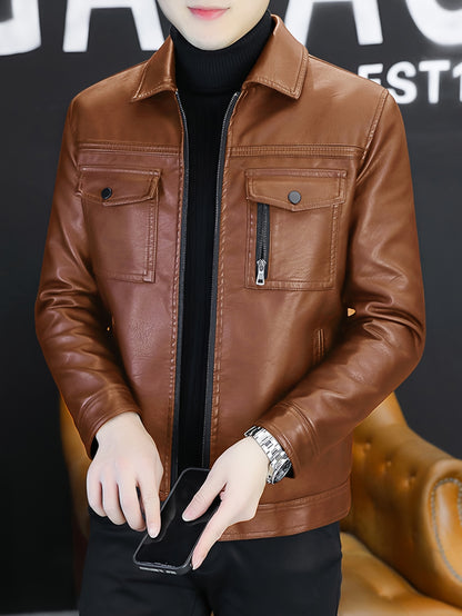 Linea Classic - Giacca da uomo autentica - Stile bomber marrone con chiusura a cerniera